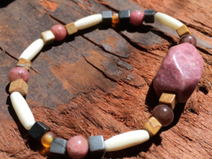 Rhodonite, jasper and bone hairpipe bracelet 